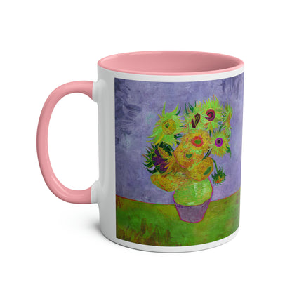 Van Gogh's Vase with Twelve Sunflowers (1888–1889) - Pop art green Fine Art Print Two-Tone Coffee Mugs, 11oz