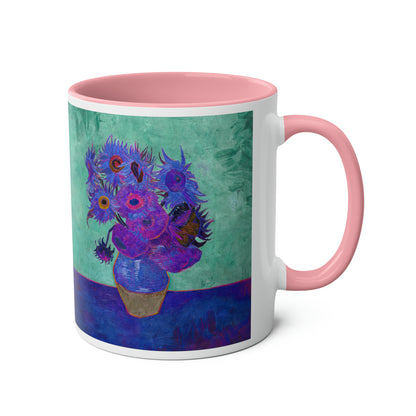 Van Gogh's Vase with Twelve Sunflowers (1888–1889) - Pop art purple Fine Art Print Two-Tone Coffee Mugs, 11oz