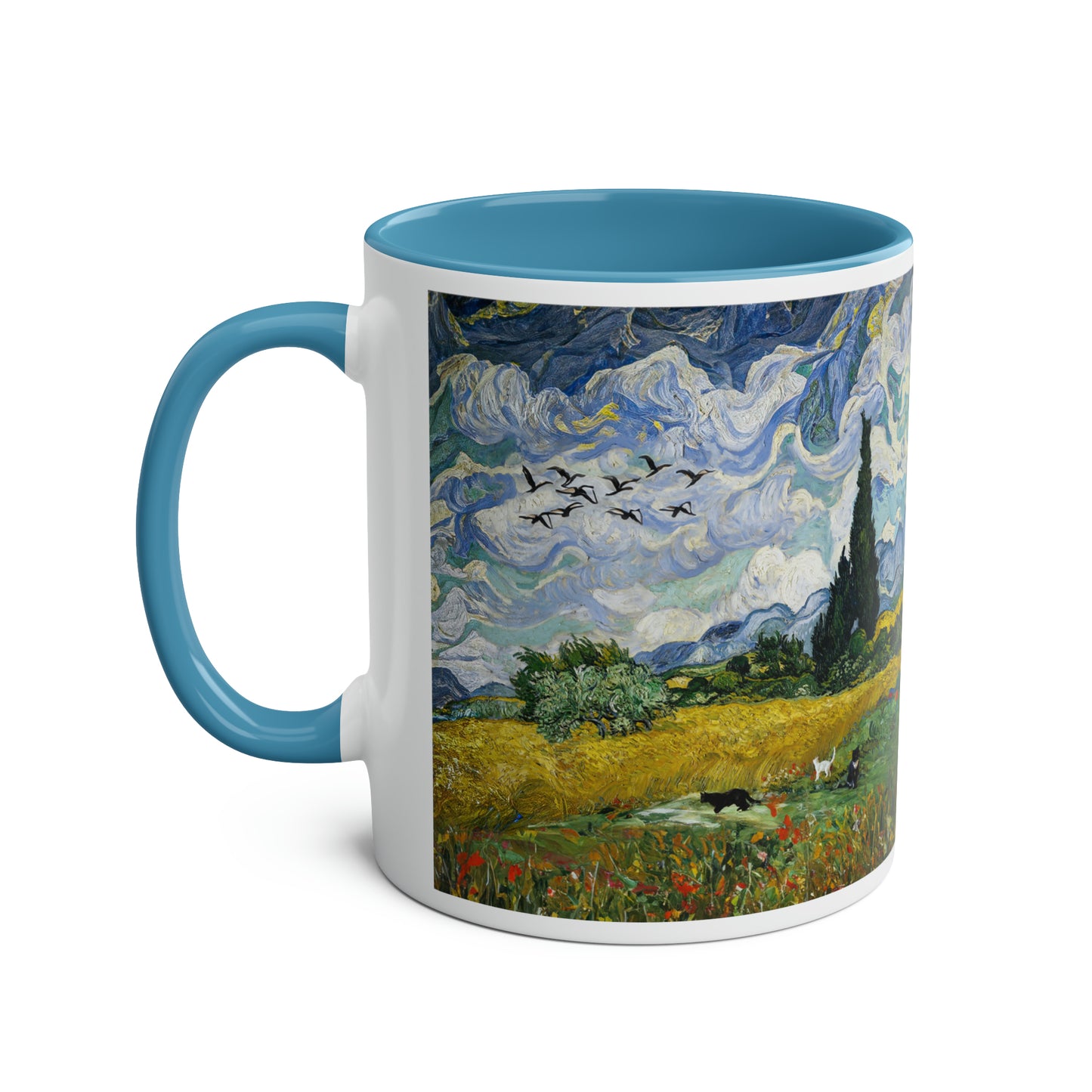 Van Gogh's Wheat Field with Cypresses (1889) - Birds Fine Art Print Two-Tone Coffee Mugs, 11oz