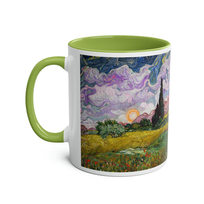 Van Gogh's Wheat Field with Cypresses (1889) - Sunset Fine Art Print Two-Tone Coffee Mugs, 11oz