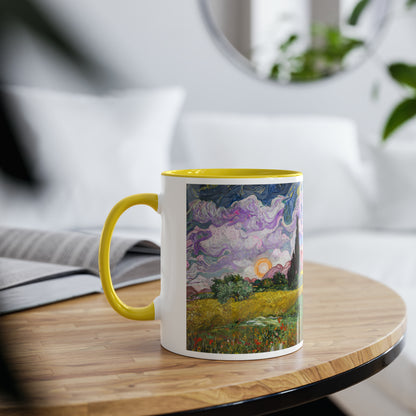 Van Gogh's Wheat Field with Cypresses (1889) - Sunset Fine Art Print Two-Tone Coffee Mugs, 11oz