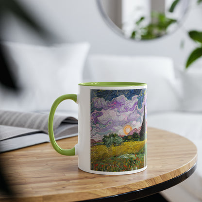 Van Gogh's Wheat Field with Cypresses (1889) - Sunset Fine Art Print Two-Tone Coffee Mugs, 11oz