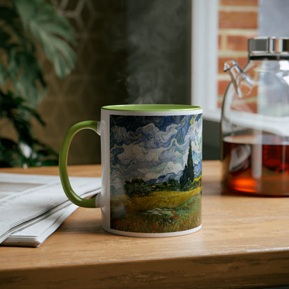 Van Gogh's Wheat Field with Cypresses (1889) - Original Fine Art Print Two-Tone Coffee Mugs, 11oz