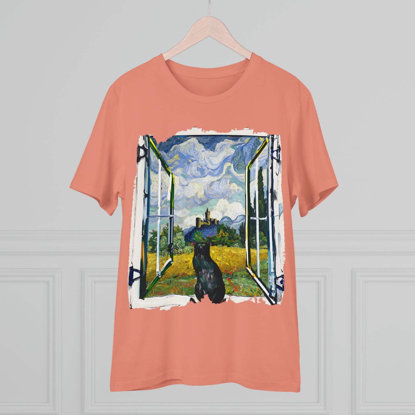 Van Gogh's Wheat Field with Cypresses (1889) - Cat with castle ruin Fine Art Print Organic Cotton T-Shirt Unisex