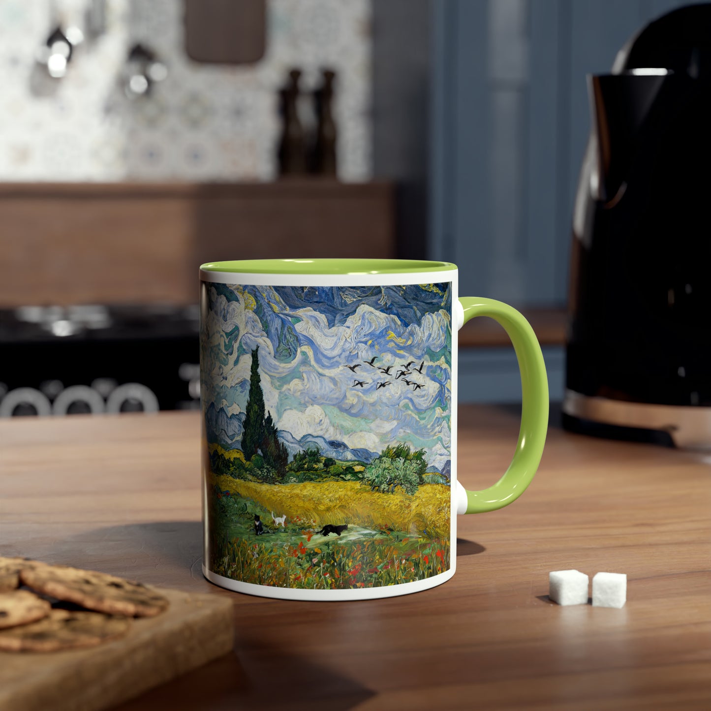 Van Gogh's Wheat Field with Cypresses (1889) - Birds Fine Art Print Two-Tone Coffee Mugs, 11oz