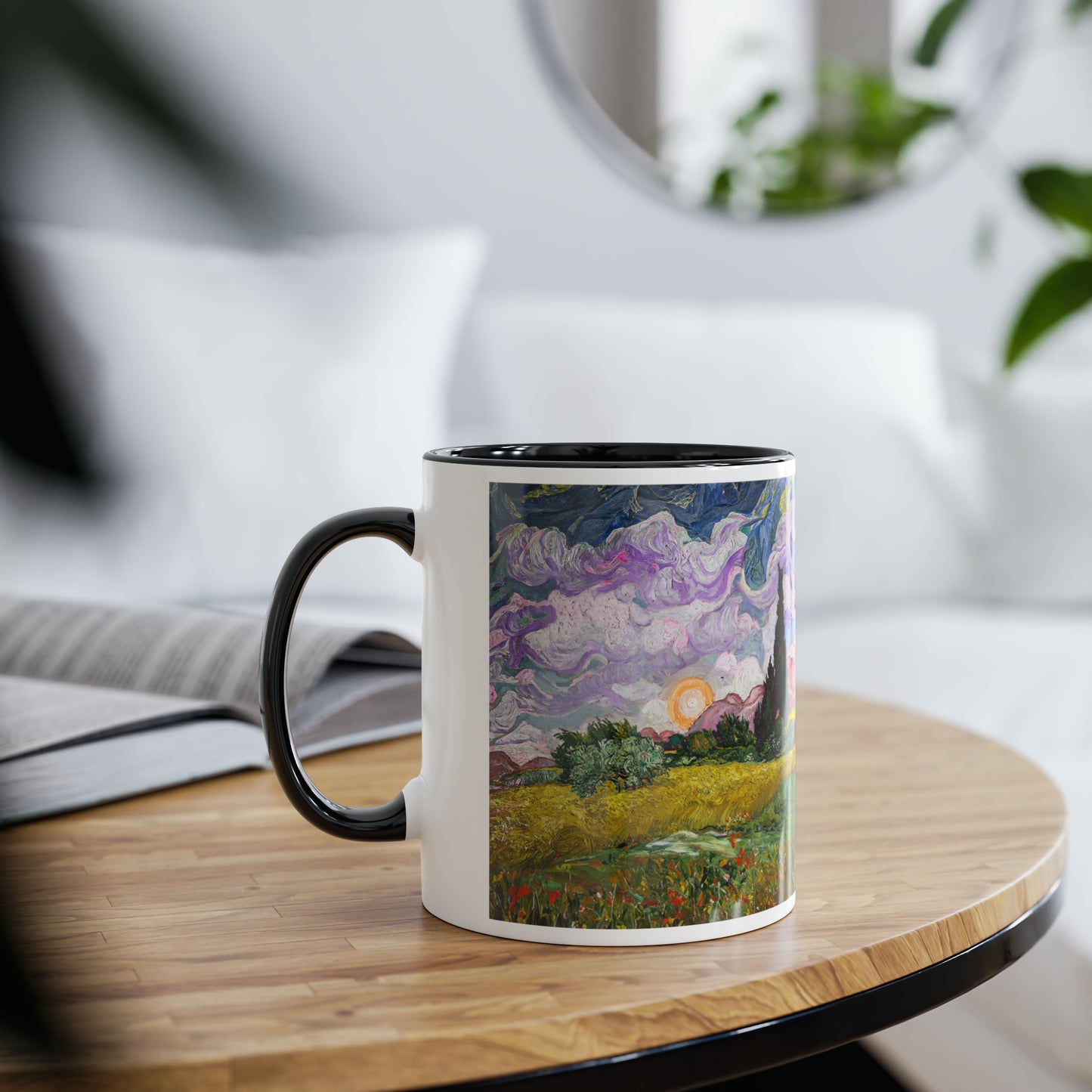 Van Gogh's Wheat Field with Cypresses (1889) - Sunset Fine Art Print Two-Tone Coffee Mugs, 11oz