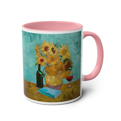 Van Gogh's Vase with Twelve Sunflowers (1888–1889) - Wine and book lover Fine Art Print Two-Tone Coffee Mugs, 11oz