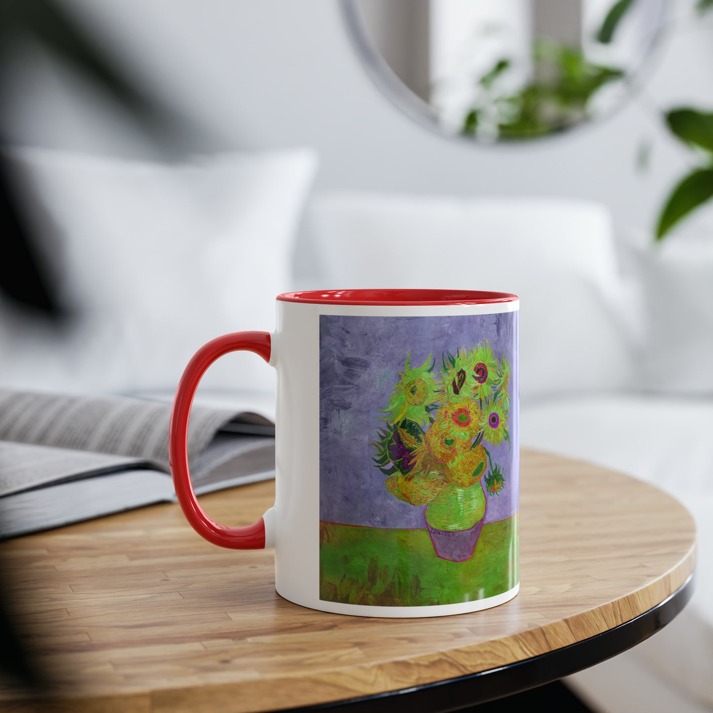 Van Gogh's Vase with Twelve Sunflowers (1888–1889) - Pop art green Fine Art Print Two-Tone Coffee Mugs, 11oz