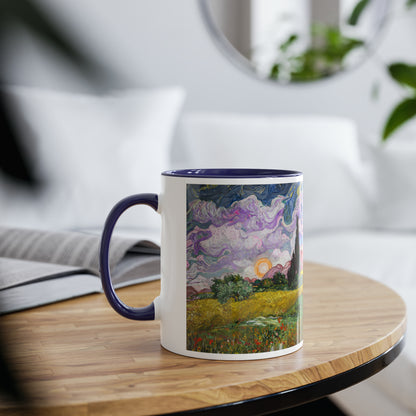 Van Gogh's Wheat Field with Cypresses (1889) - Sunset Fine Art Print Two-Tone Coffee Mugs, 11oz