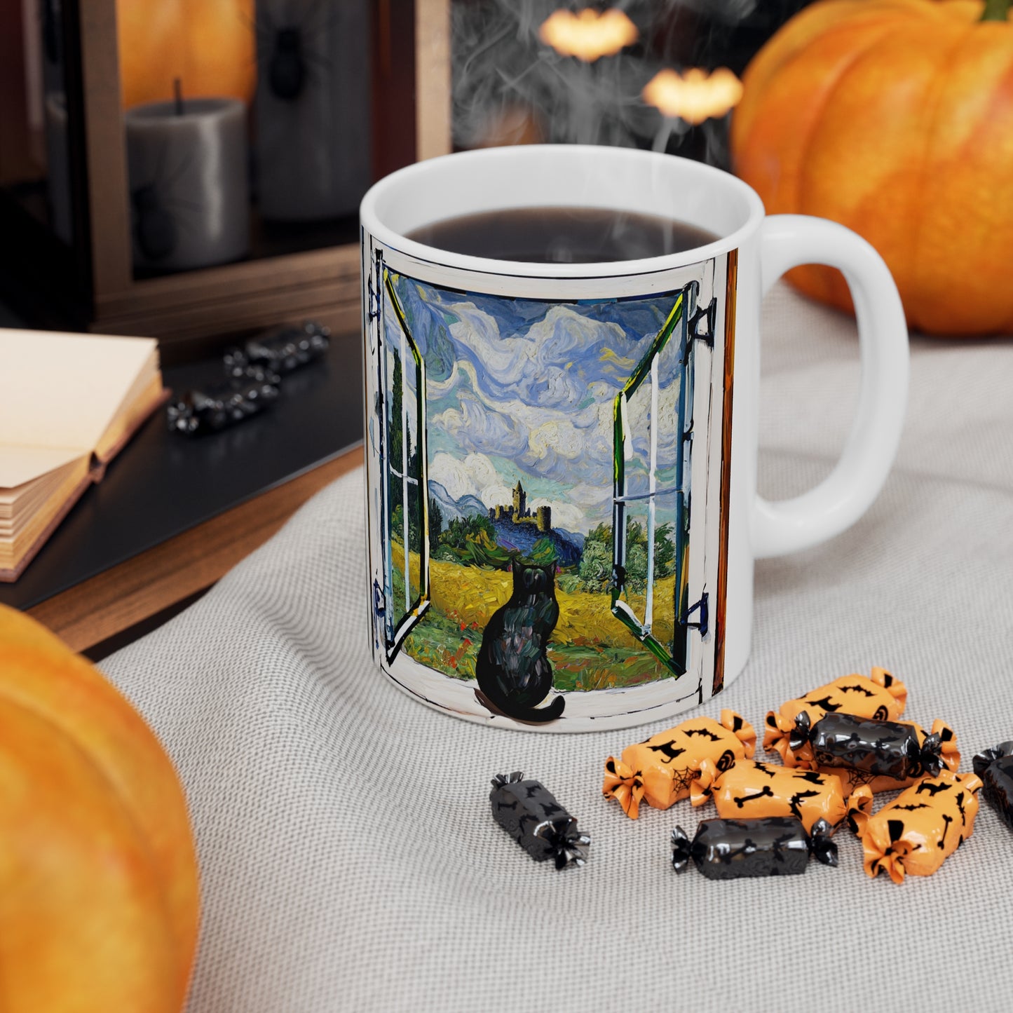 Van Gogh's Wheat Field with Cypresses (1889) - Cat with castle ruin Fine Art Print Ceramic Coffee Mugs, 11oz, 15oz