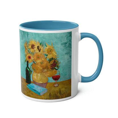 Van Gogh's Vase with Twelve Sunflowers (1888–1889) - Wine and book lover Fine Art Print Two-Tone Coffee Mugs, 11oz