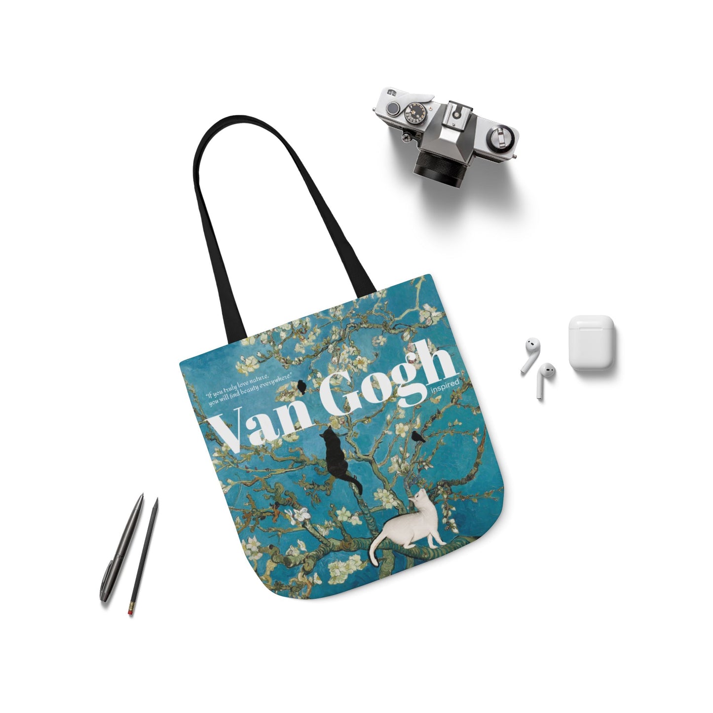 Vincent Vang Gogh Cherry Blossom - Cats - Canvas Tote Bag, 5-Color Straps