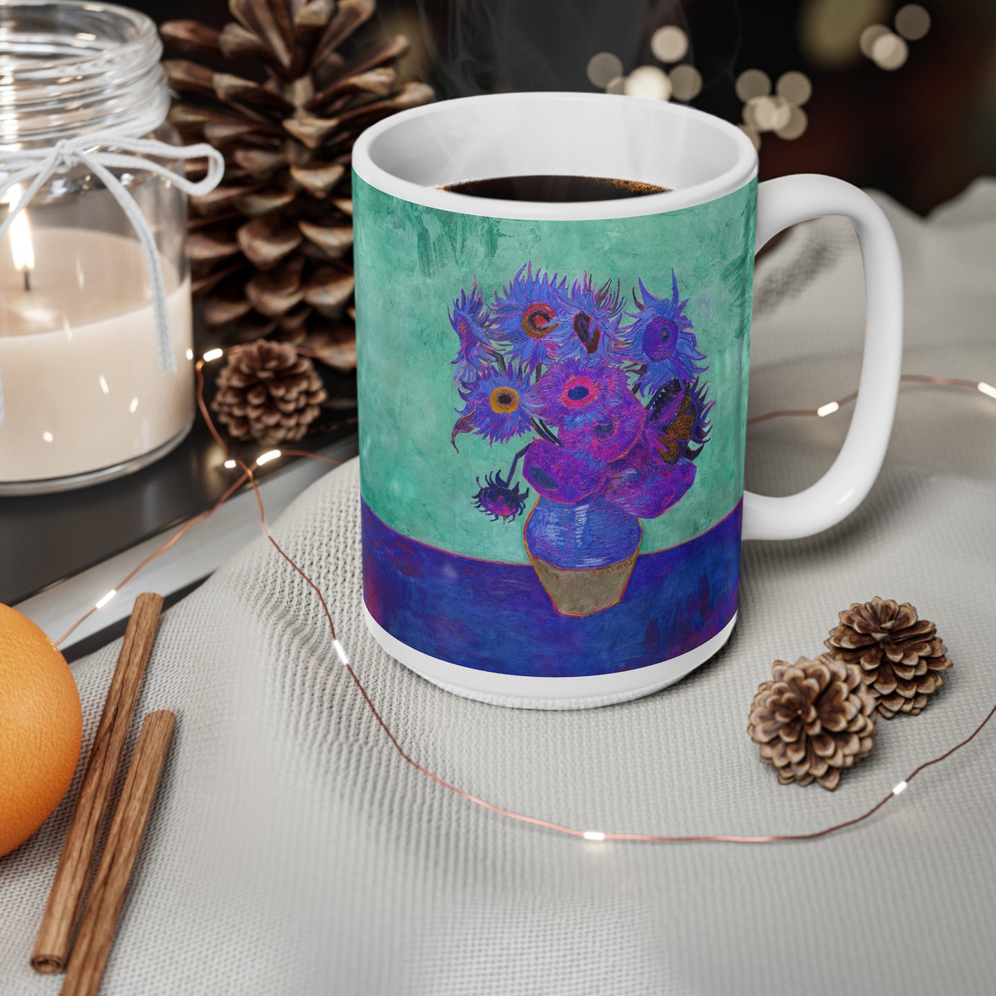 Van Gogh's Vase with Twelve Sunflowers (1888–1889) - Pop art purple Fine Art Print Ceramic Coffee Mugs, 11oz, 15oz