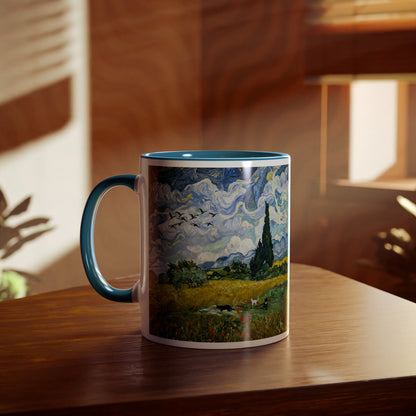 Van Gogh's Wheat Field with Cypresses (1889) - Birds Fine Art Print Two-Tone Coffee Mugs, 11oz