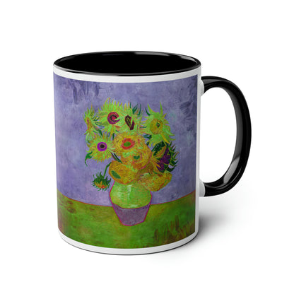 Van Gogh's Vase with Twelve Sunflowers (1888–1889) - Pop art green Fine Art Print Two-Tone Coffee Mugs, 11oz