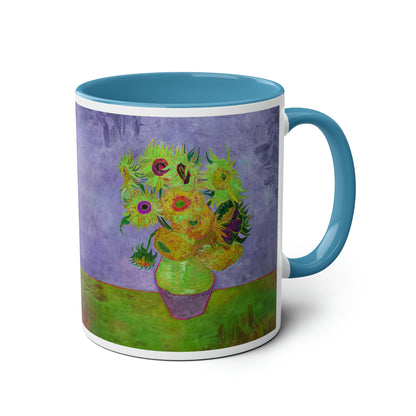 Van Gogh's Vase with Twelve Sunflowers (1888–1889) - Pop art green Fine Art Print Two-Tone Coffee Mugs, 11oz