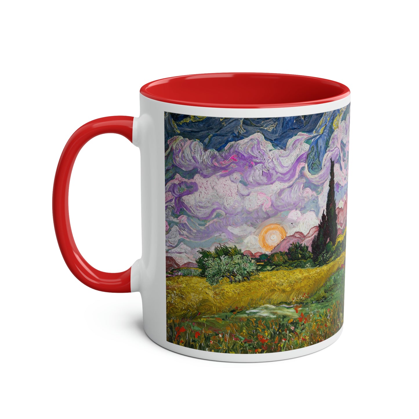 Van Gogh's Wheat Field with Cypresses (1889) - Sunset Fine Art Print Two-Tone Coffee Mugs, 11oz