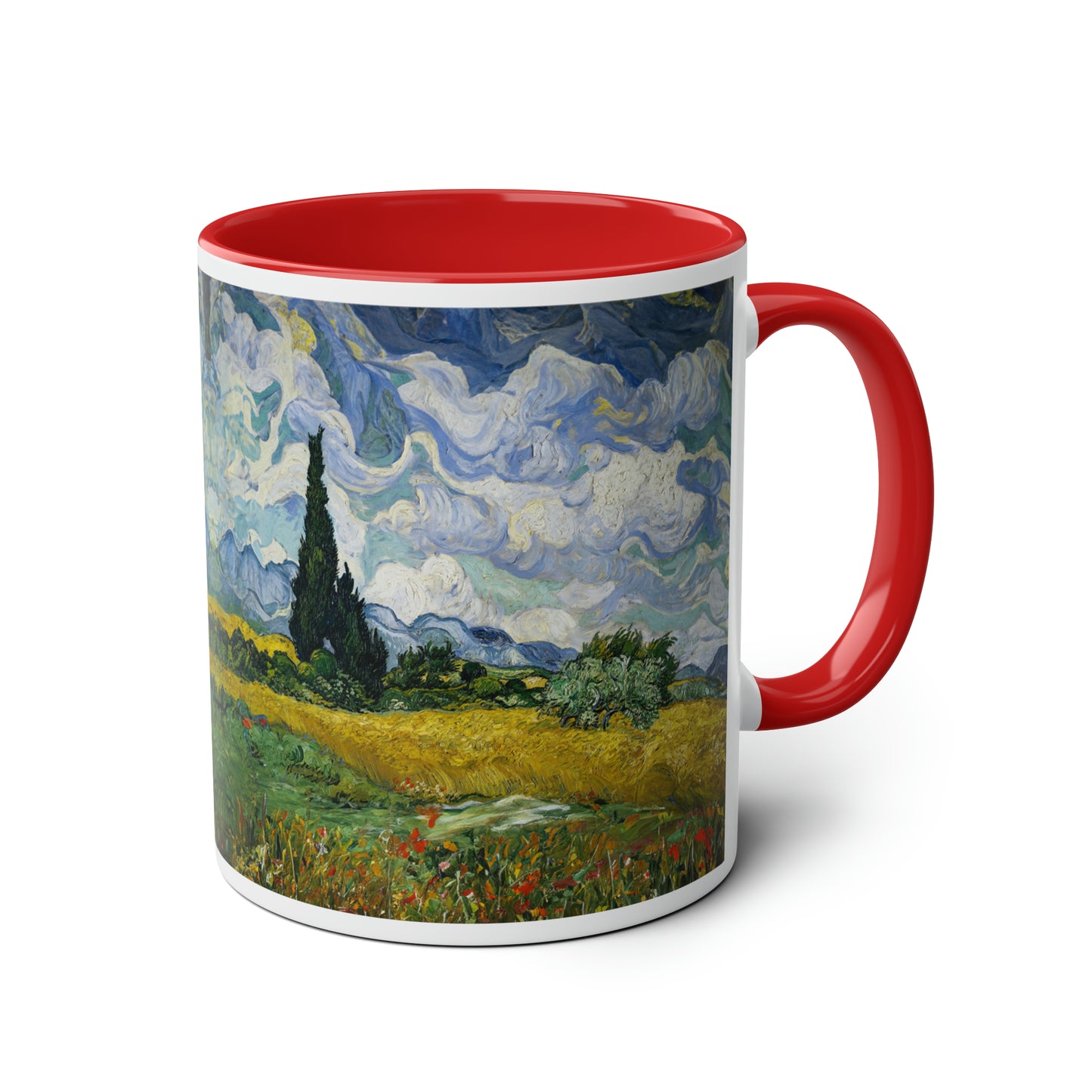 Van Gogh's Wheat Field with Cypresses (1889) - Original Fine Art Print Two-Tone Coffee Mugs, 11oz