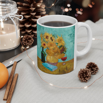 Van Gogh's Vase with Twelve Sunflowers (1888–1889) - Wine and book lover Fine Art Print Ceramic Coffee Mugs, 11oz, 15oz