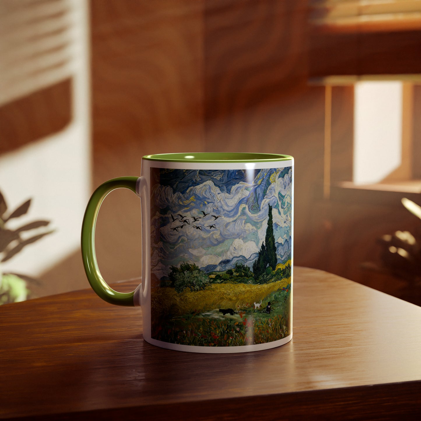 Van Gogh's Wheat Field with Cypresses (1889) - Birds Fine Art Print Two-Tone Coffee Mugs, 11oz