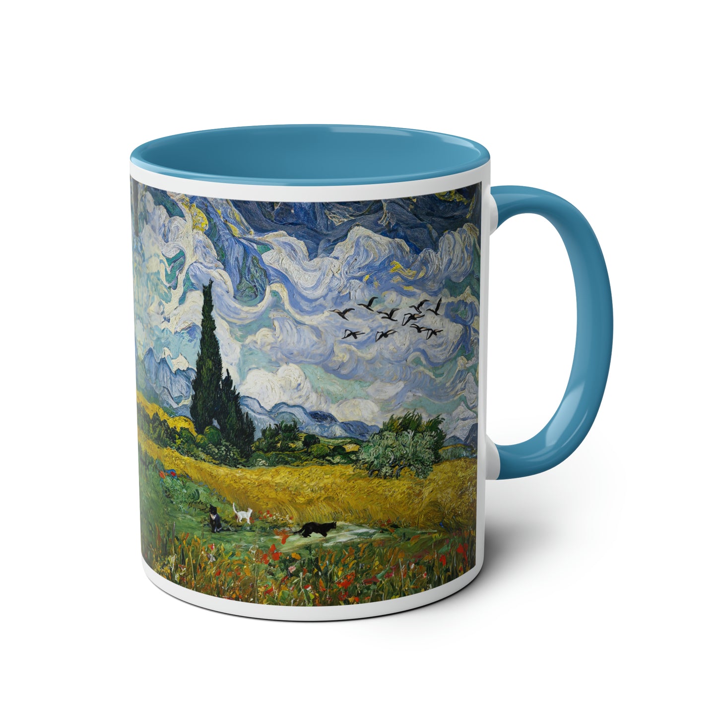 Van Gogh's Wheat Field with Cypresses (1889) - Birds Fine Art Print Two-Tone Coffee Mugs, 11oz