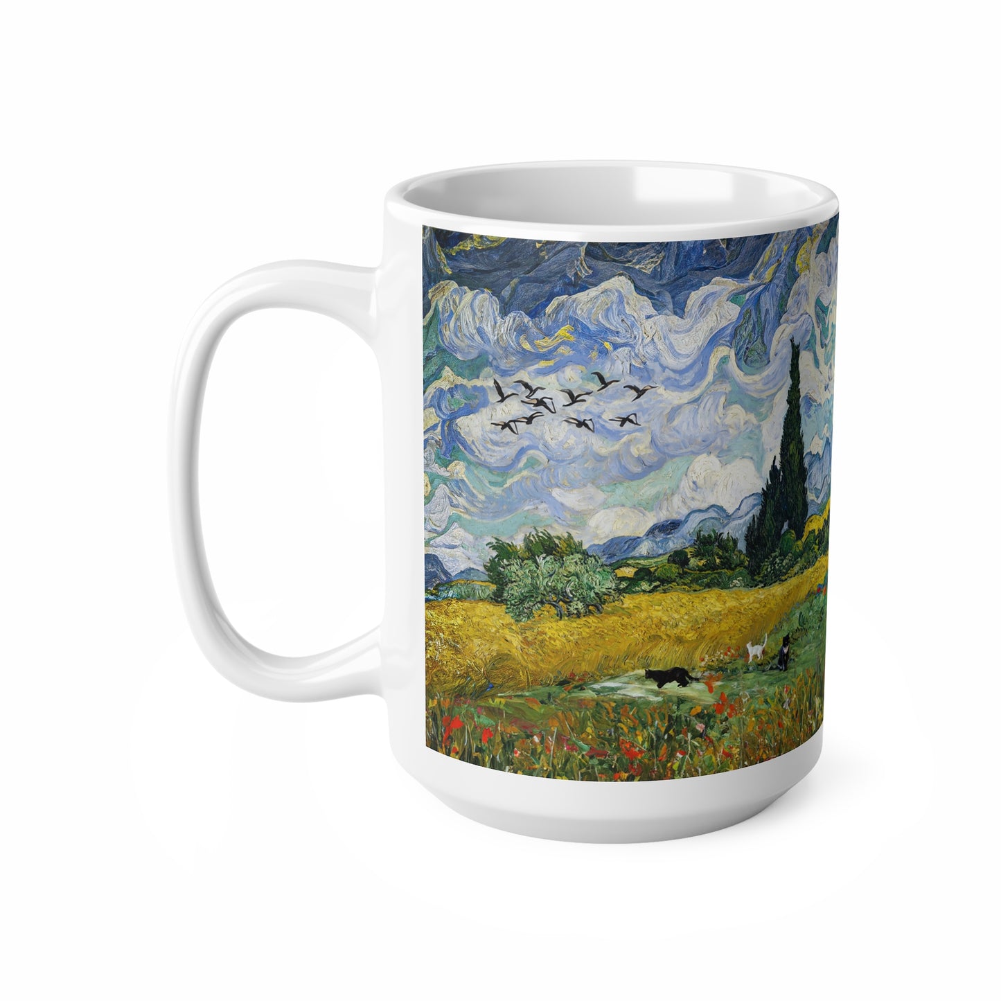 Van Gogh's Wheat Field with Cypresses (1889) - Birds Fine Art Print Ceramic Coffee Mugs, 11oz, 15oz