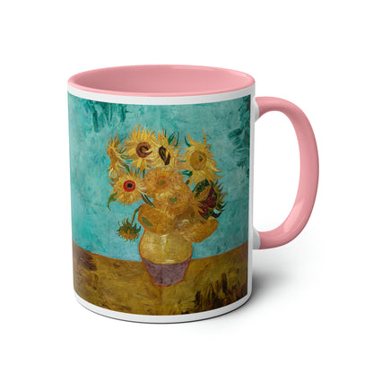 Van Gogh's Vase with Twelve Sunflowers (1888–1889) - Original Fine Art Print Two-Tone Coffee Mugs, 11oz