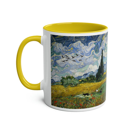 Van Gogh's Wheat Field with Cypresses (1889) - Birds Fine Art Print Two-Tone Coffee Mugs, 11oz