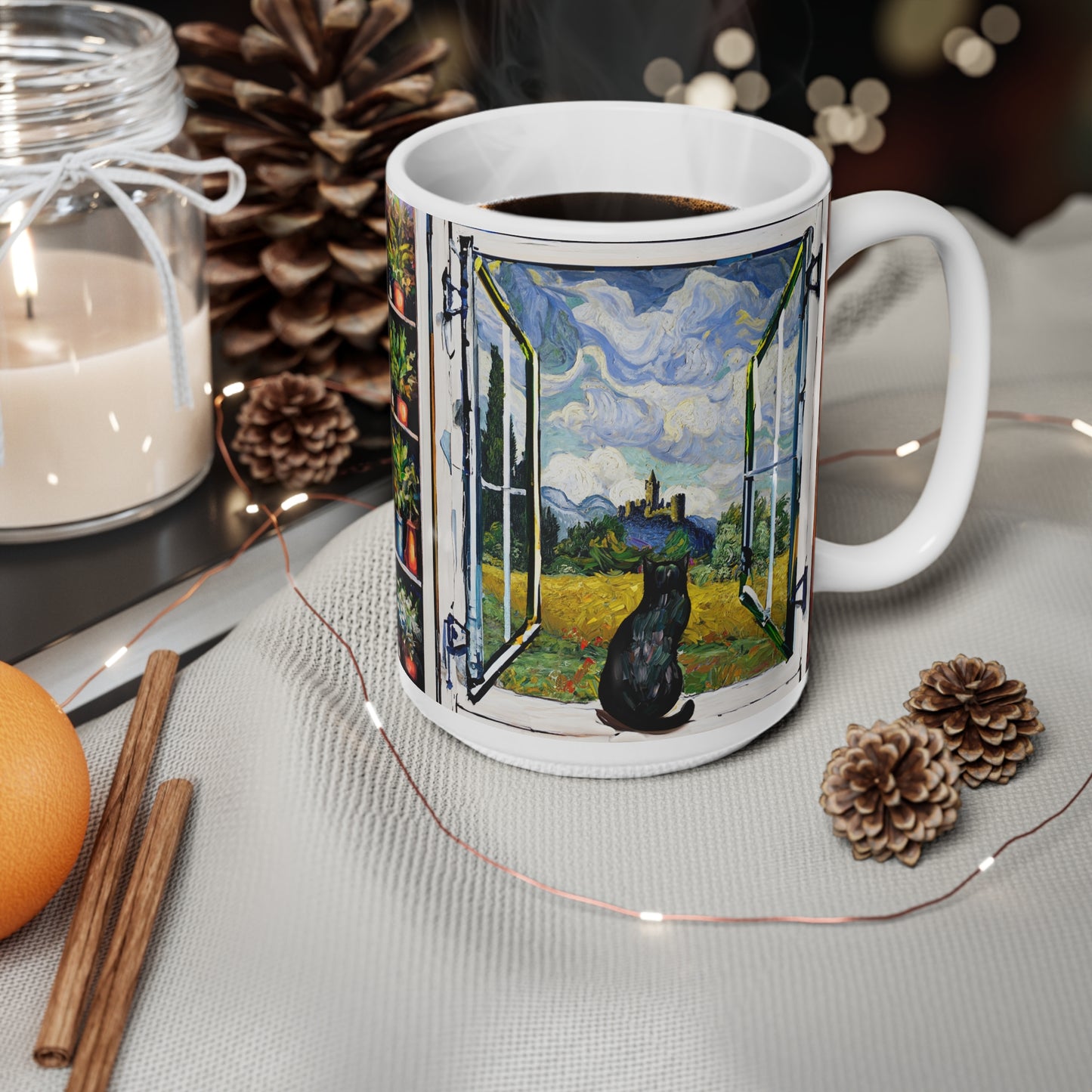 Van Gogh's Wheat Field with Cypresses (1889) - Cat with castle ruin Fine Art Print Ceramic Coffee Mugs, 11oz, 15oz