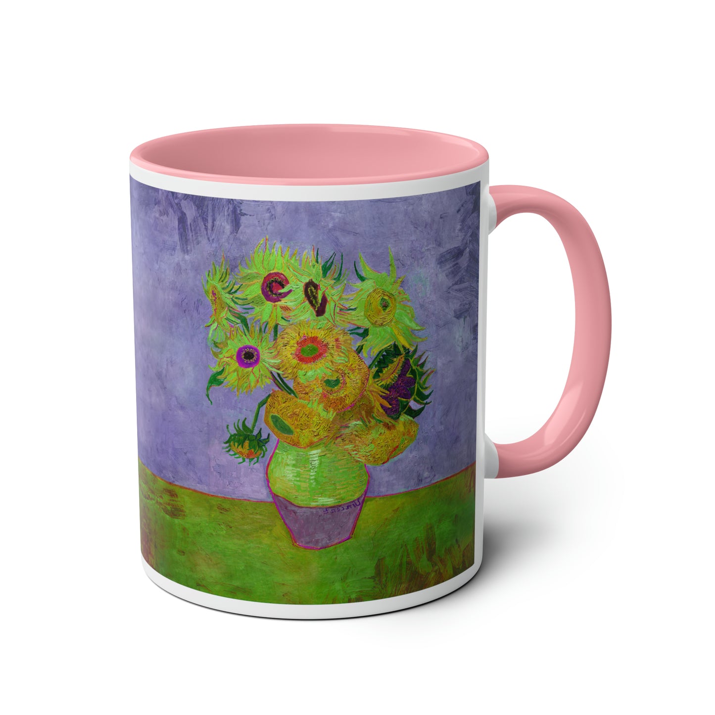 Van Gogh's Vase with Twelve Sunflowers (1888–1889) - Pop art green Fine Art Print Two-Tone Coffee Mugs, 11oz