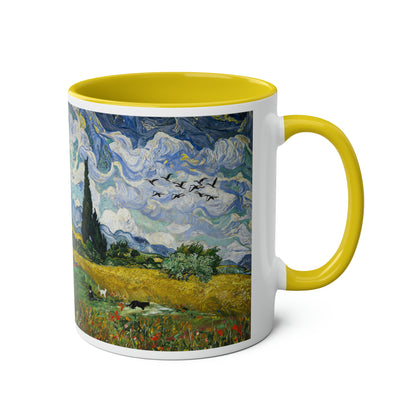 Van Gogh's Wheat Field with Cypresses (1889) - Birds Fine Art Print Two-Tone Coffee Mugs, 11oz