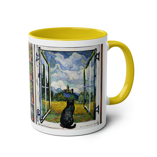 Van Gogh's Wheat Field with Cypresses (1889) - Cat with castle ruin Fine Art Print Two-Tone Coffee Mugs, 11oz