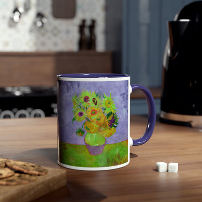 Van Gogh's Vase with Twelve Sunflowers (1888–1889) - Pop art green Fine Art Print Two-Tone Coffee Mugs, 11oz