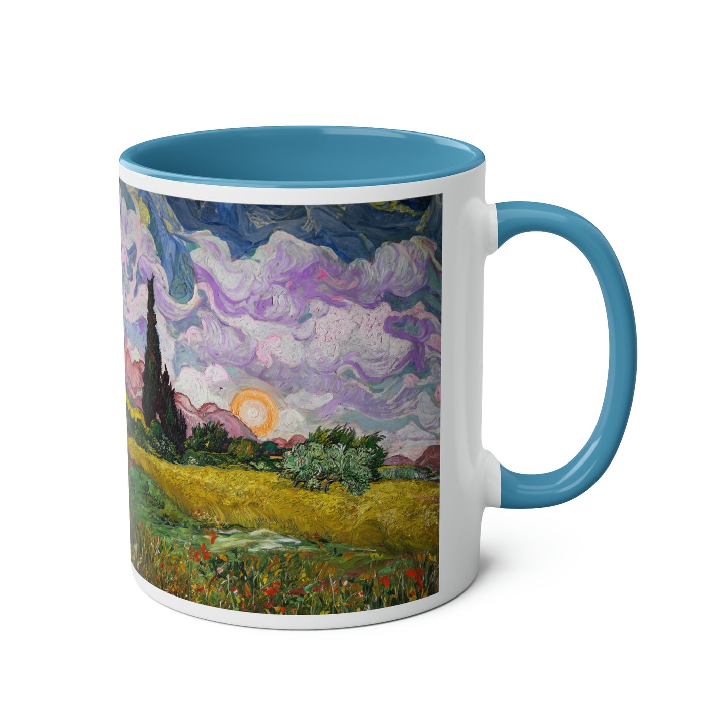 Van Gogh's Wheat Field with Cypresses (1889) - Sunset Fine Art Print Two-Tone Coffee Mugs, 11oz