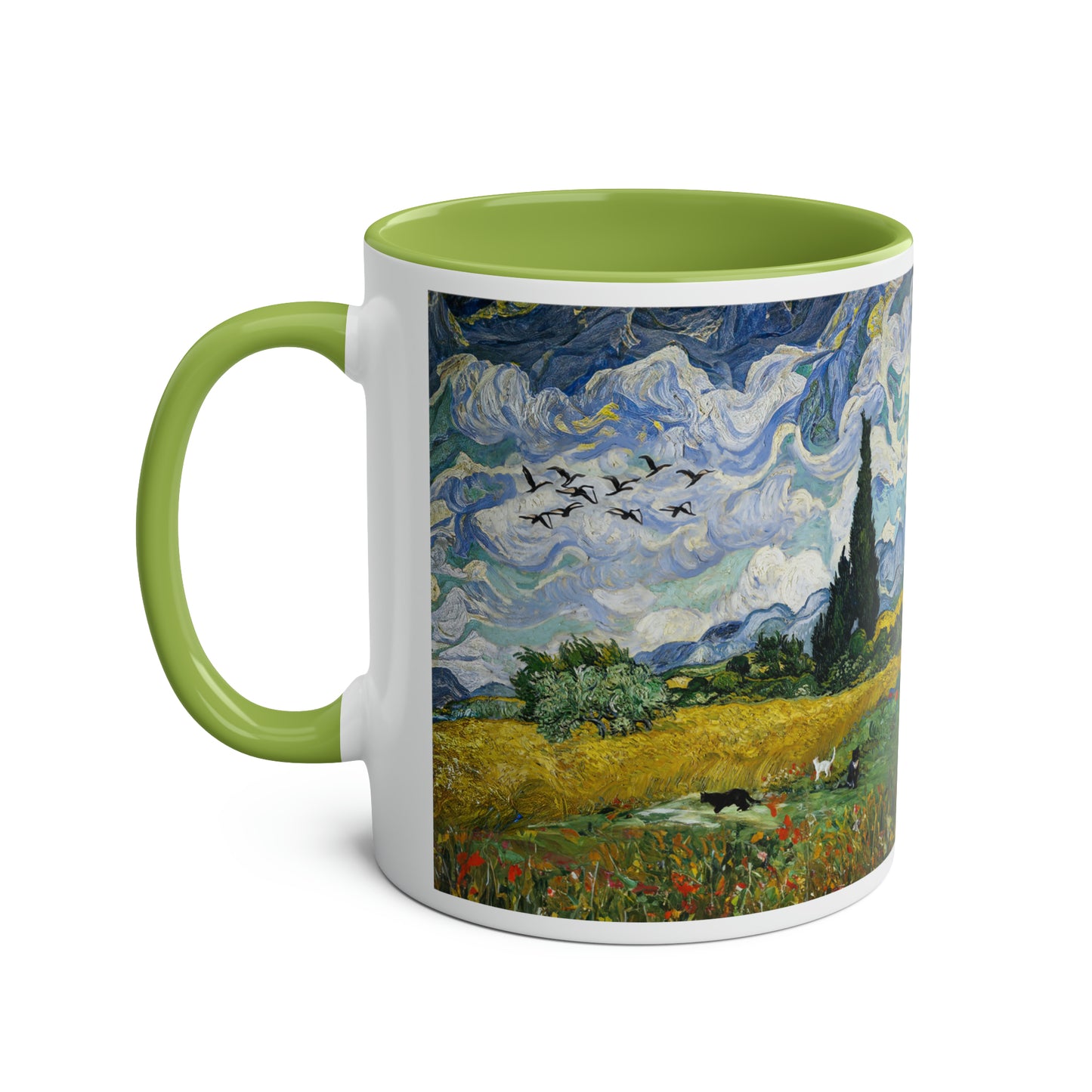 Van Gogh's Wheat Field with Cypresses (1889) - Birds Fine Art Print Two-Tone Coffee Mugs, 11oz