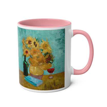 Van Gogh's Vase with Twelve Sunflowers (1888–1889) - Wine and book lover Fine Art Print Two-Tone Coffee Mugs, 11oz