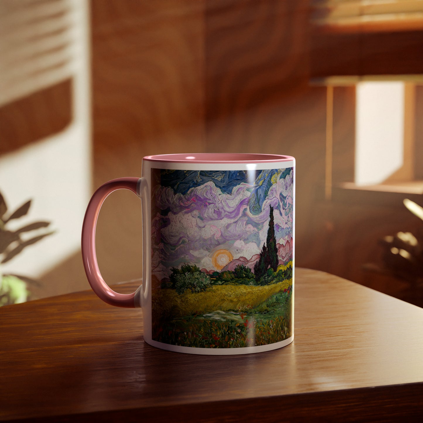 Van Gogh's Wheat Field with Cypresses (1889) - Sunset Fine Art Print Two-Tone Coffee Mugs, 11oz