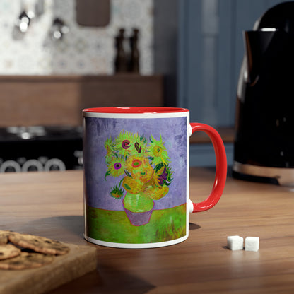 Van Gogh's Vase with Twelve Sunflowers (1888–1889) - Pop art green Fine Art Print Two-Tone Coffee Mugs, 11oz