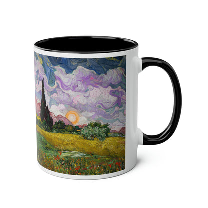 Van Gogh's Wheat Field with Cypresses (1889) - Sunset Fine Art Print Two-Tone Coffee Mugs, 11oz