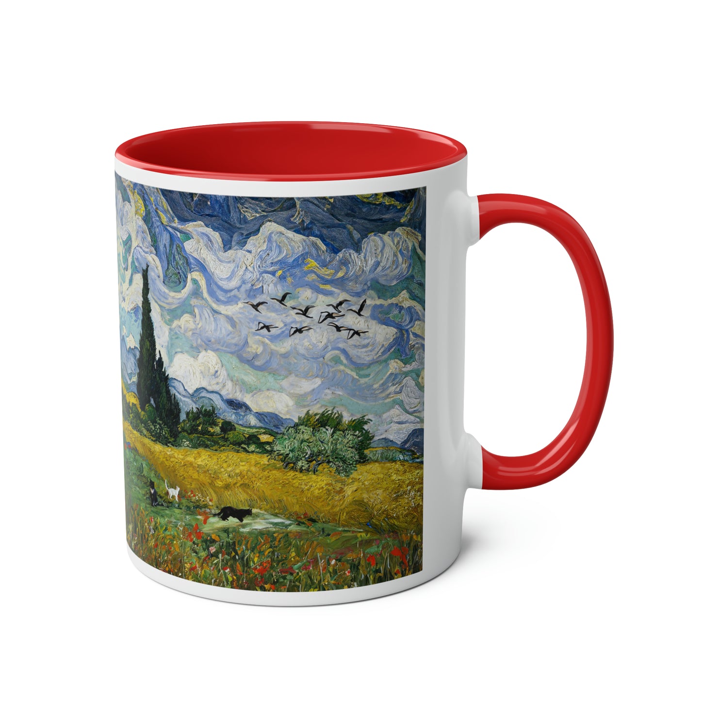 Van Gogh's Wheat Field with Cypresses (1889) - Birds Fine Art Print Two-Tone Coffee Mugs, 11oz