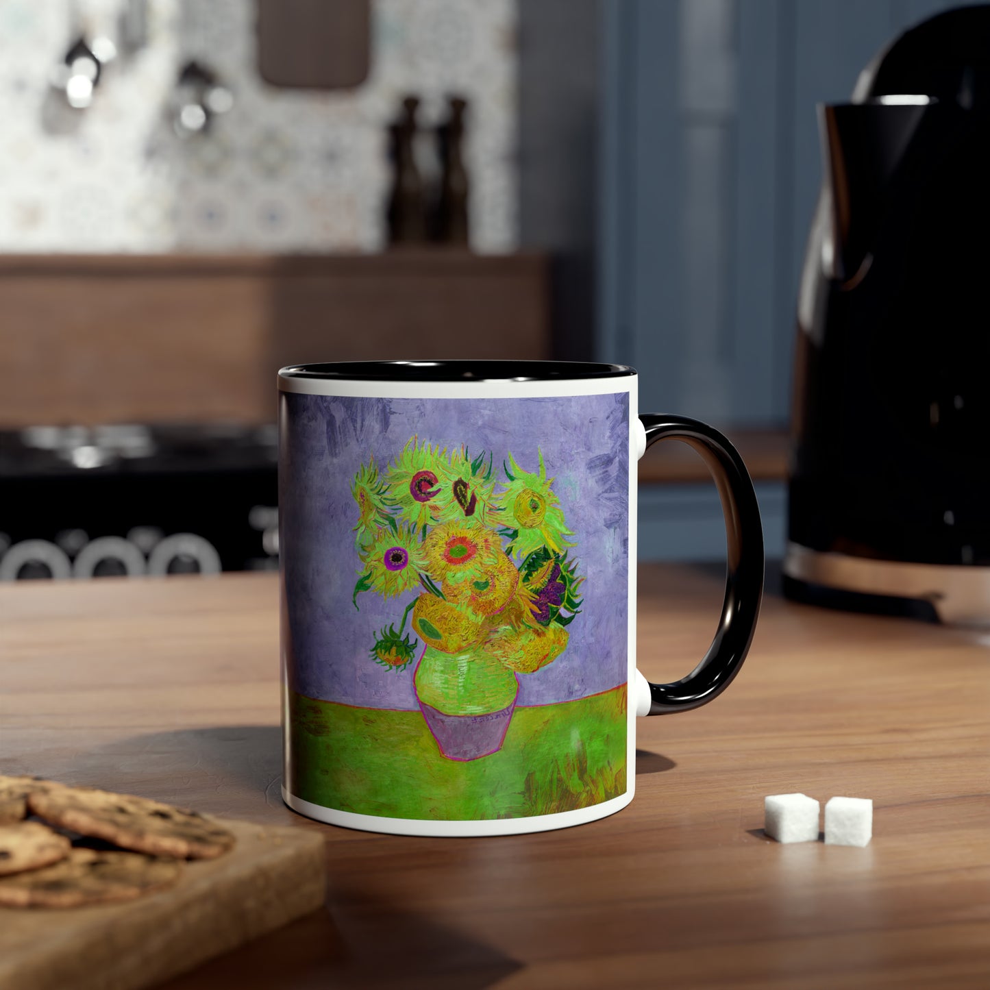 Van Gogh's Vase with Twelve Sunflowers (1888–1889) - Pop art green Fine Art Print Two-Tone Coffee Mugs, 11oz