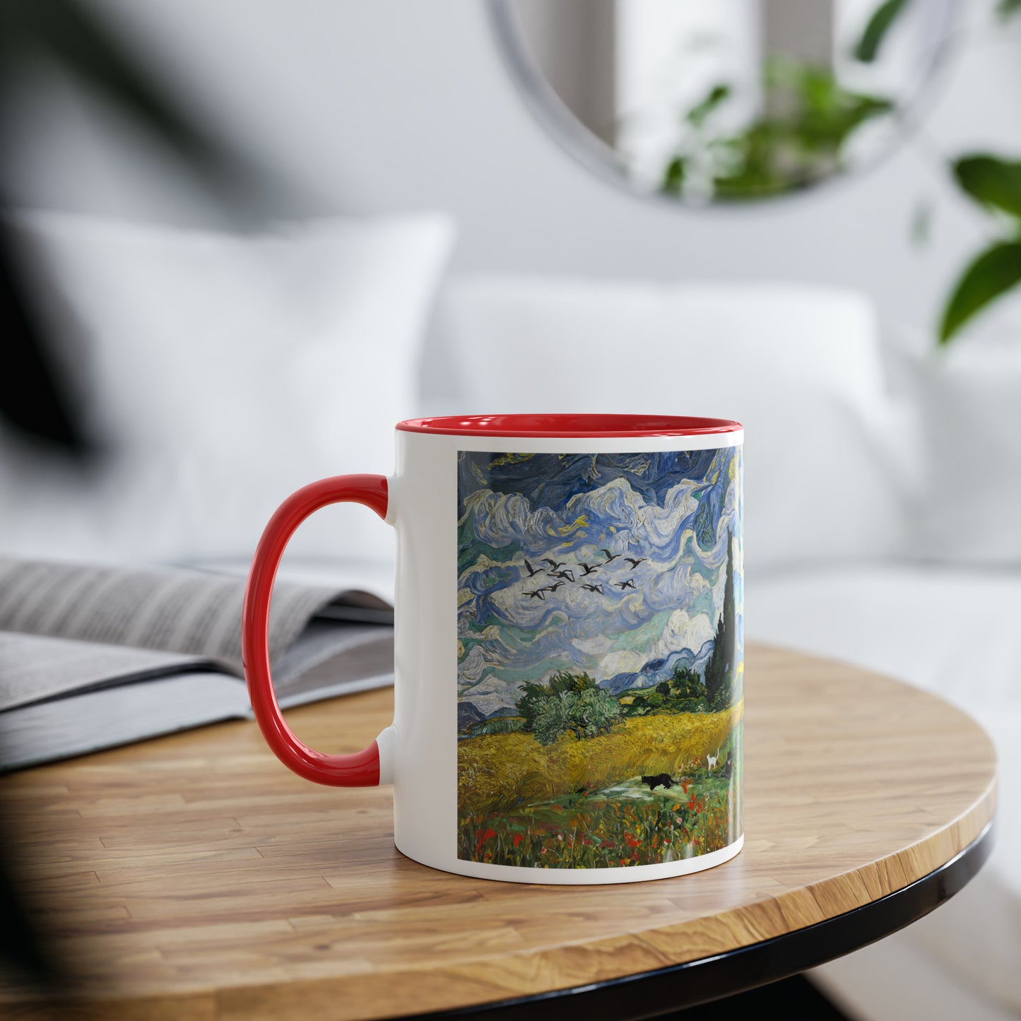 Van Gogh's Wheat Field with Cypresses (1889) - Birds Fine Art Print Two-Tone Coffee Mugs, 11oz