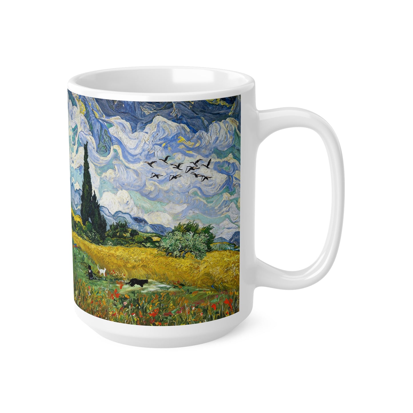 Van Gogh's Wheat Field with Cypresses (1889) - Birds Fine Art Print Ceramic Coffee Mugs, 11oz, 15oz