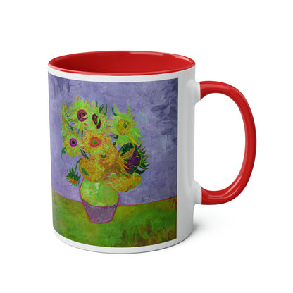 Van Gogh's Vase with Twelve Sunflowers (1888–1889) - Pop art green Fine Art Print Two-Tone Coffee Mugs, 11oz