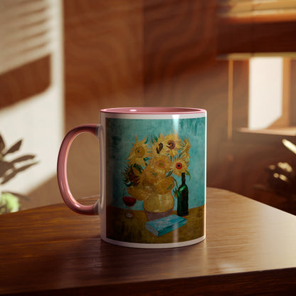 Van Gogh's Vase with Twelve Sunflowers (1888–1889) - Wine and book lover Fine Art Print Two-Tone Coffee Mugs, 11oz