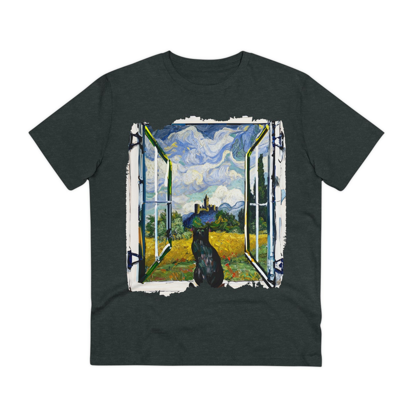 Van Gogh's Wheat Field with Cypresses (1889) - Cat with castle ruin Fine Art Print Organic Cotton T-Shirt Unisex