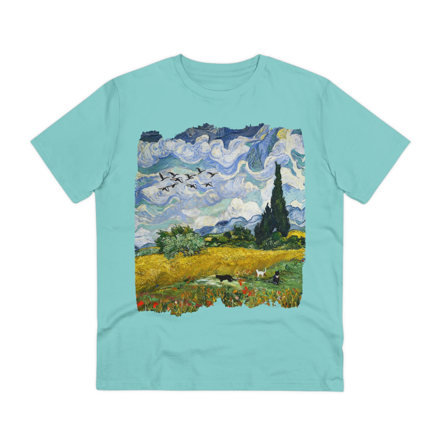 Van Gogh's Wheat Field with Cypresses (1889) - Birds Fine Art Print Organic Cotton T-Shirt Unisex