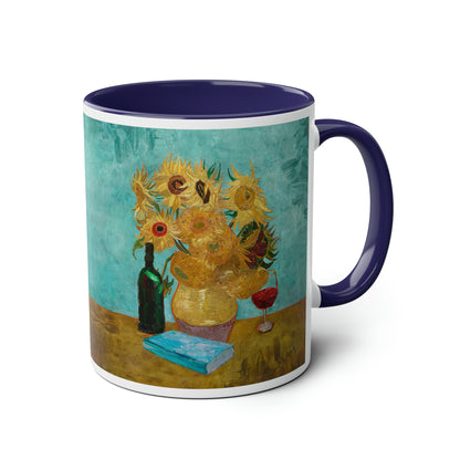 Van Gogh's Vase with Twelve Sunflowers (1888–1889) - Wine and book lover Fine Art Print Two-Tone Coffee Mugs, 11oz