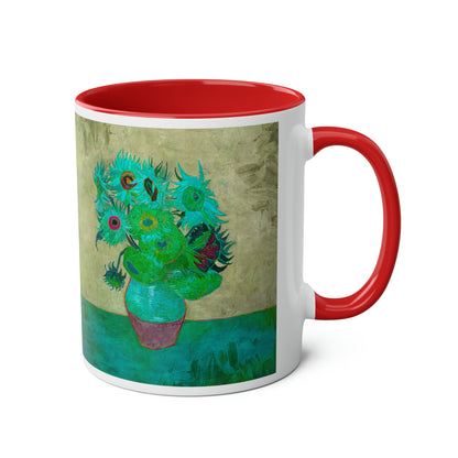 Van Gogh's Vase with Twelve Sunflowers (1888–1889) - Pop art turqoise Fine Art Print Two-Tone Coffee Mugs, 11oz