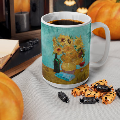 Van Gogh's Vase with Twelve Sunflowers (1888–1889) - Wine and book lover Fine Art Print Ceramic Coffee Mugs, 11oz, 15oz